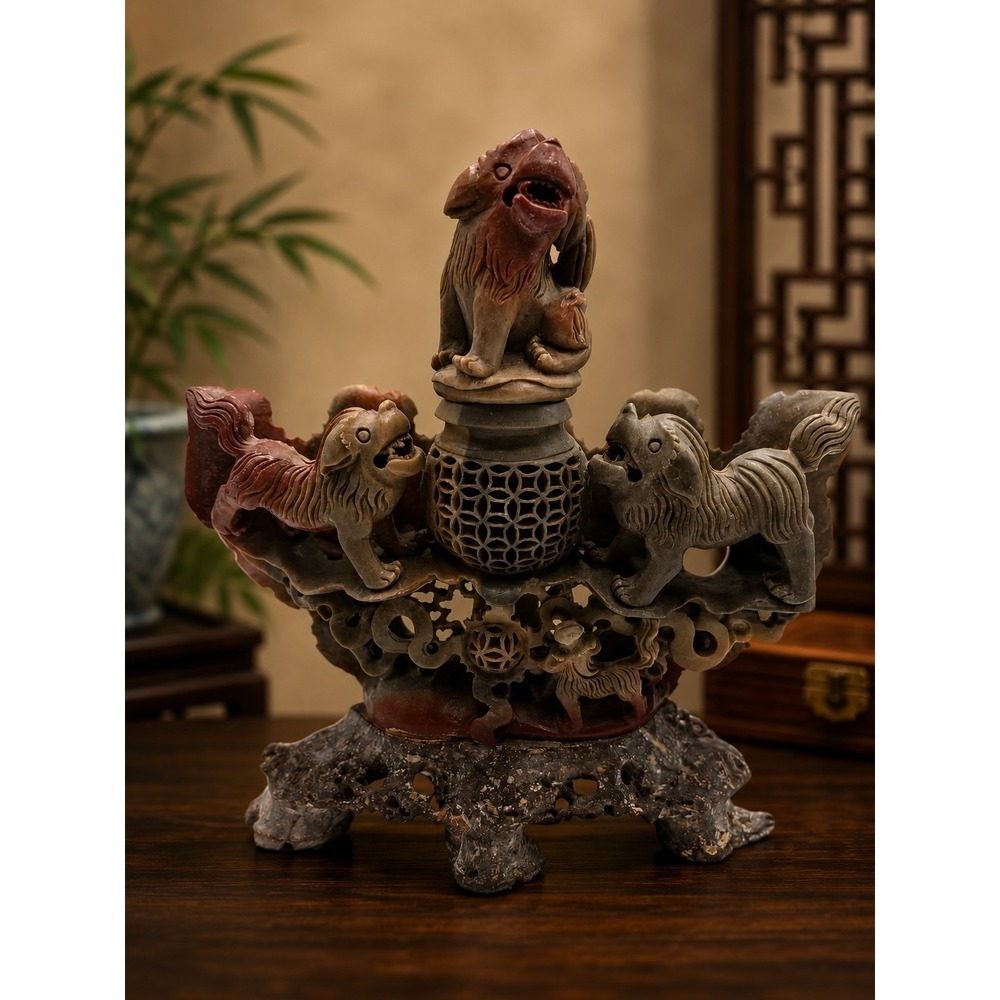 Vintage Chinese Style Faux Soapstone Foo Dog Guardian Lion Openwork Sculpture